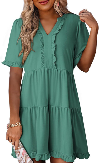 🔥🔥2026 Summer Hot Sale 49% OFF🌈Women's V Neck Ruffle Casual A-Line Flowy Swing Shift Dress