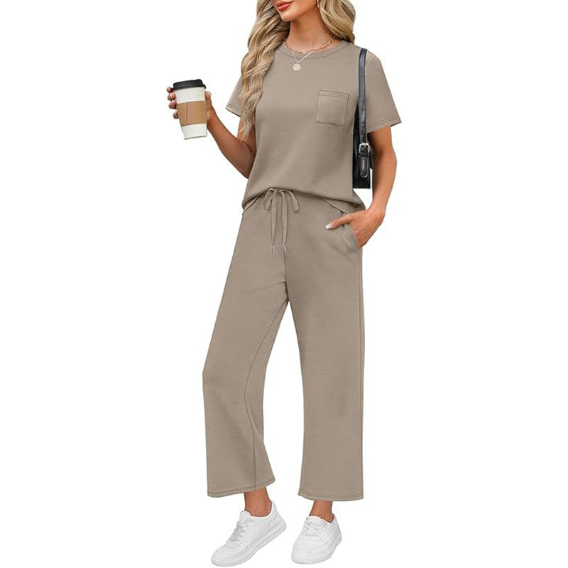 🌸Summer Hot Sale 50% OFF💖Women's Casual Short Sleeve Wide Leg Crop Pants Lounge Set