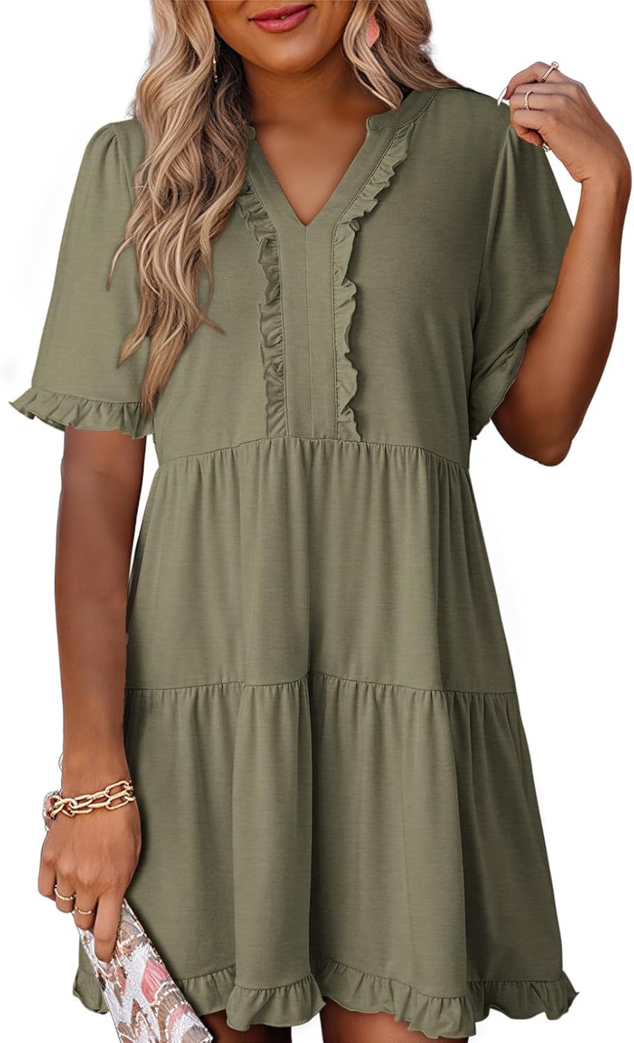🔥🔥2026 Summer Hot Sale 49% OFF🌈Women's V Neck Ruffle Casual A-Line Flowy Swing Shift Dress