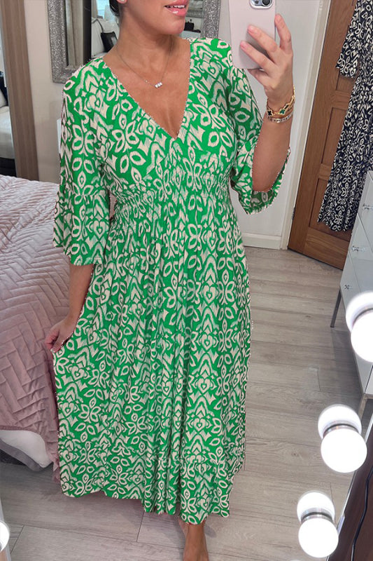 🔥Heißer Verkauf – 50% RABATT ✨ Langes Freizeitkleid mit V-Ausschnitt und Print – Mühelose Eleganz für sonnige Tage & besondere Momente 🌸