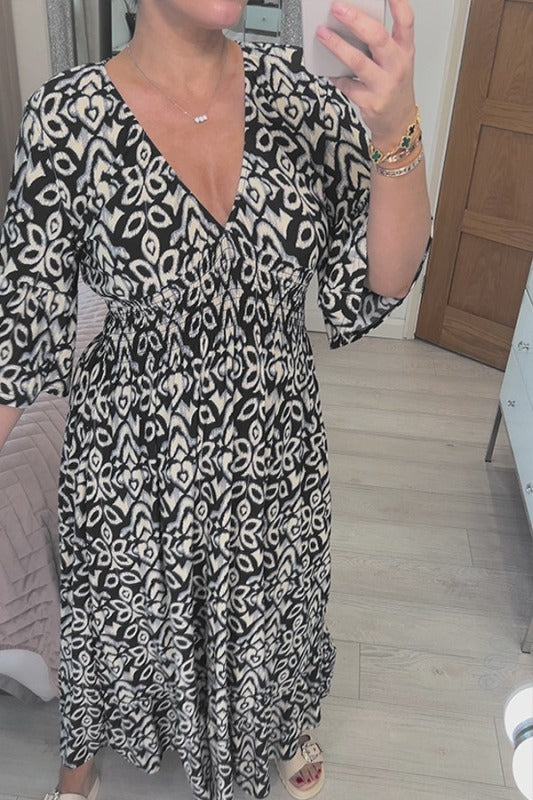 🔥Heißer Verkauf – 50% RABATT ✨ Langes Freizeitkleid mit V-Ausschnitt und Print – Mühelose Eleganz für sonnige Tage & besondere Momente 🌸