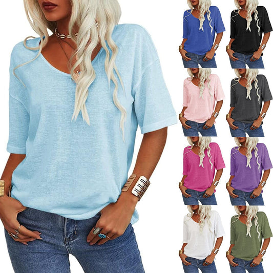 🎀Hot Sale -40% Off👚Women's Solid Color V-Neck T-shirt
