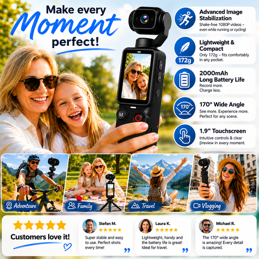 🥳2026 HOT SALE🥳💞50K+ SOLD!📸🖐️ 50% OFF! Pocket Camera with Flip Screen – 1080P, 170° wide‑angle, anti‑shake. Lightweight, 2000mAh. Your travel buddy! ✨🎥