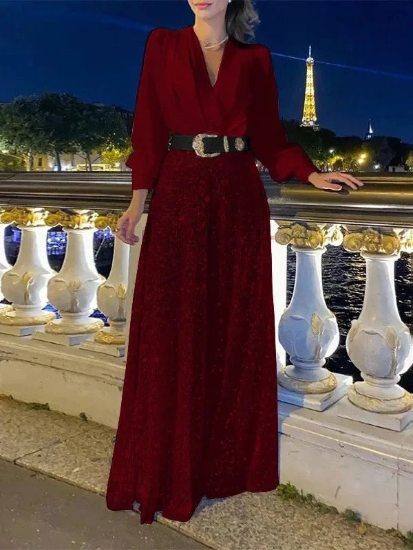 💖⚡Elegante Langarmbluse mit V-Ausschnitt und weiter Pailletten-Jumpsuit-Hose