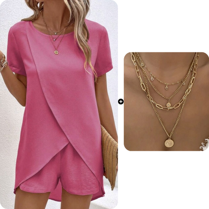 🌸Women's Solid Color Irregular Top & Shorts Two Piece Set - Stand out this summer✨