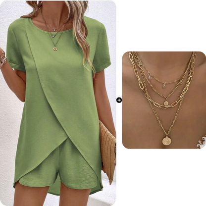 🌸Women's Solid Color Irregular Top & Shorts Two Piece Set - Stand out this summer✨