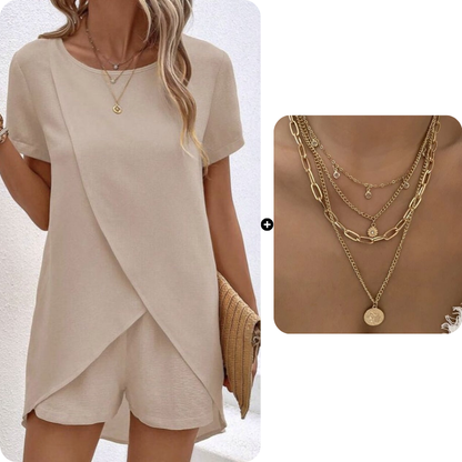 🌸Women's Solid Color Irregular Top & Shorts Two Piece Set - Stand out this summer✨