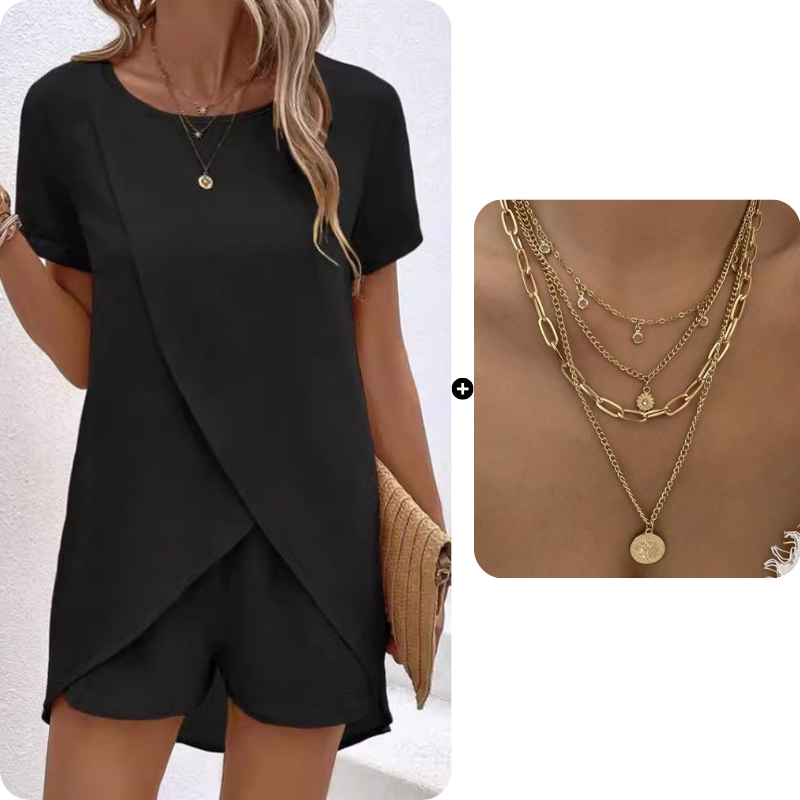 🌸Women's Solid Color Irregular Top & Shorts Two Piece Set - Stand out this summer✨