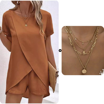 🌸Women's Solid Color Irregular Top & Shorts Two Piece Set - Stand out this summer✨
