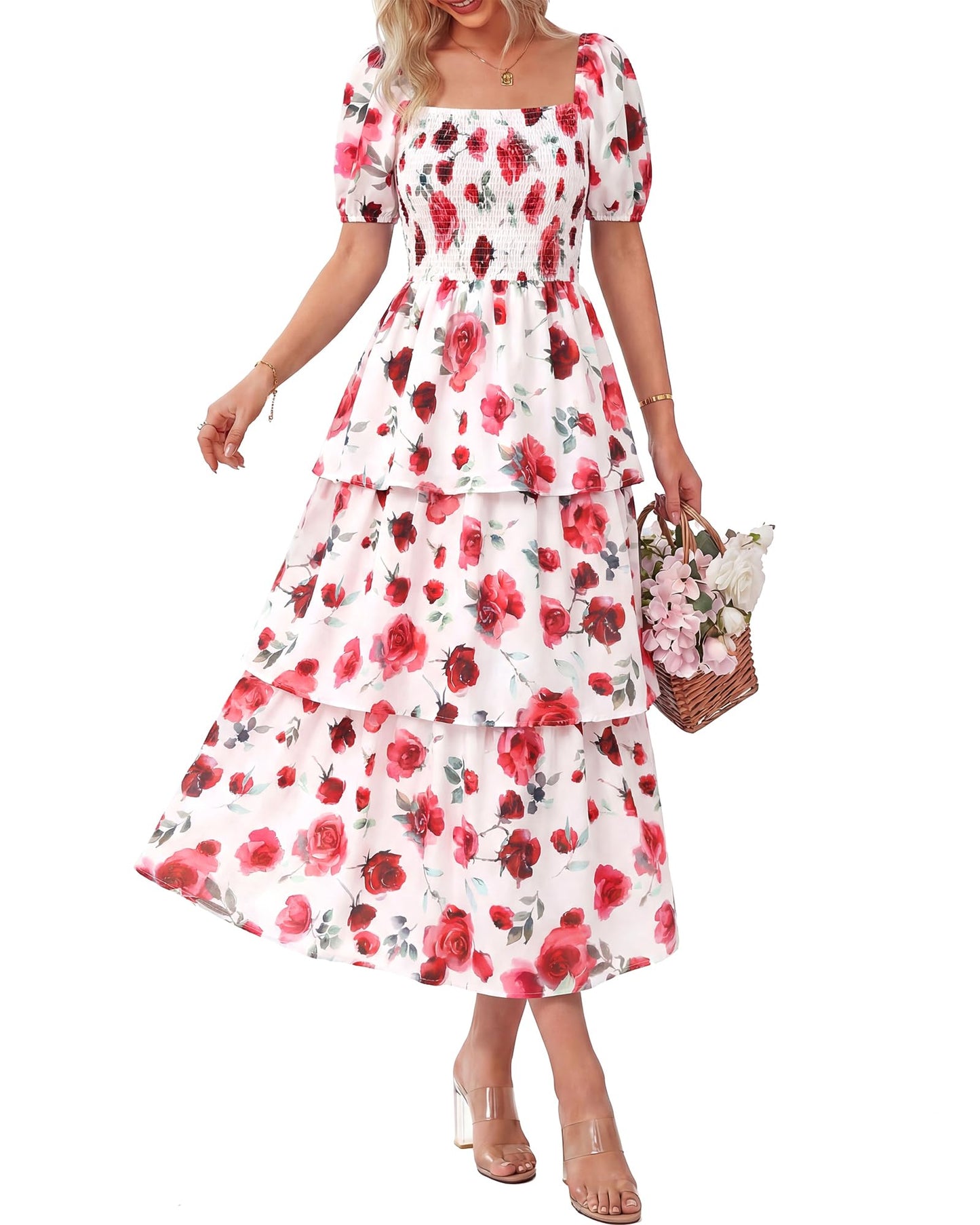 ⏰Sommer-Hot-Sale 50% RABATT💃Damenkleid mit Blumenmuster, eckigem Ausschnitt, Puffärmeln und gerafften Stufen