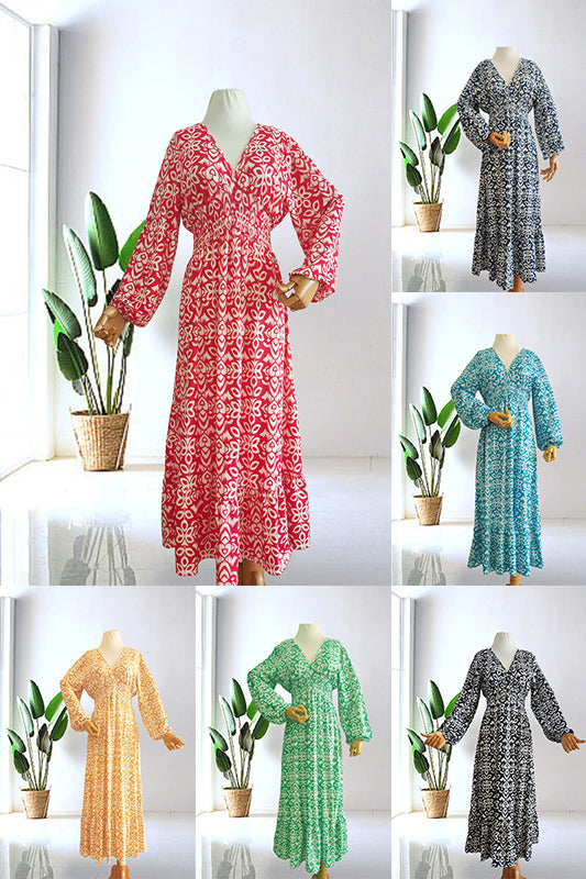 🔥Heißer Verkauf – 50% RABATT ✨ Langes Freizeitkleid mit V-Ausschnitt und Print – Mühelose Eleganz für sonnige Tage & besondere Momente 🌸