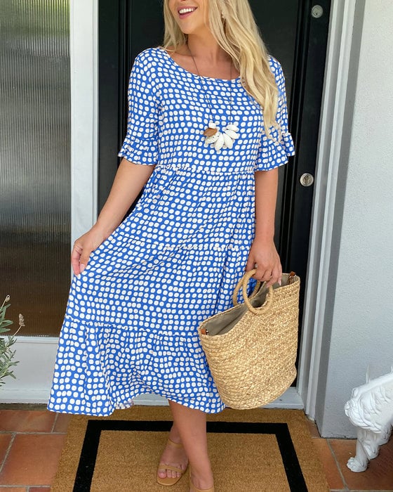🔥Mega Sale 50% RABATT!!💕Damen Polka Dot Midikleid | Elegantes Rundhals & Atmungsaktives Sommer A-Linien Kleid | Schickes Freizeit Mary Kleid für Strand & Stadtbummel