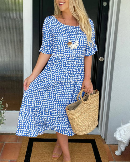 🔥Mega Sale 50% RABATT!!💕Damen Polka Dot Midikleid | Elegantes Rundhals & Atmungsaktives Sommer A-Linien Kleid | Schickes Freizeit Mary Kleid für Strand & Stadtbummel