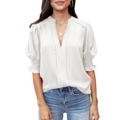 💥🌟 Elevate Your Style With Women's Elegant V-Neck Puff Sleeve Blouse✨