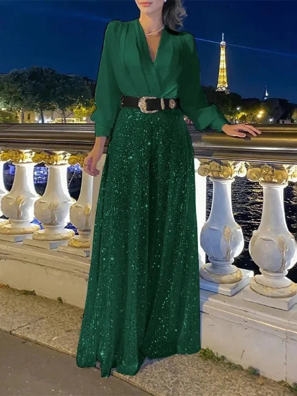 💖⚡Elegante Langarmbluse mit V-Ausschnitt und weiter Pailletten-Jumpsuit-Hose