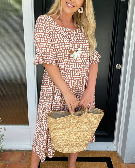 🔥Mega Sale 50% RABATT!!💕Damen Polka Dot Midikleid | Elegantes Rundhals & Atmungsaktives Sommer A-Linien Kleid | Schickes Freizeit Mary Kleid für Strand & Stadtbummel