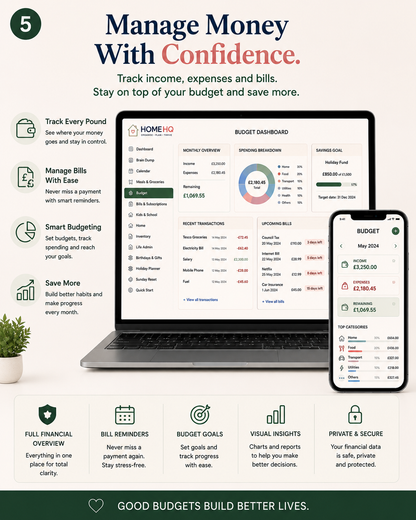 HOMEHQ Family Command Centre household budget dashboard with bills and savings goals