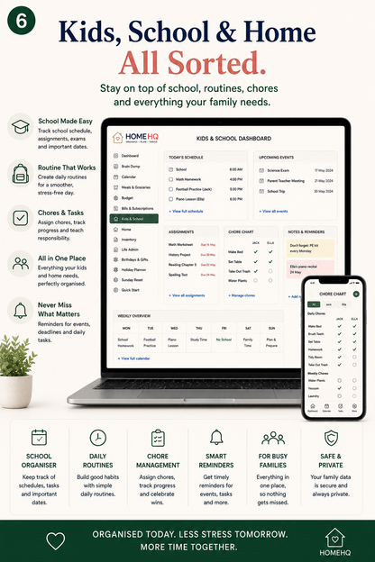 HOMEHQ Family Command Centre kids and school dashboard with chore chart and routines
