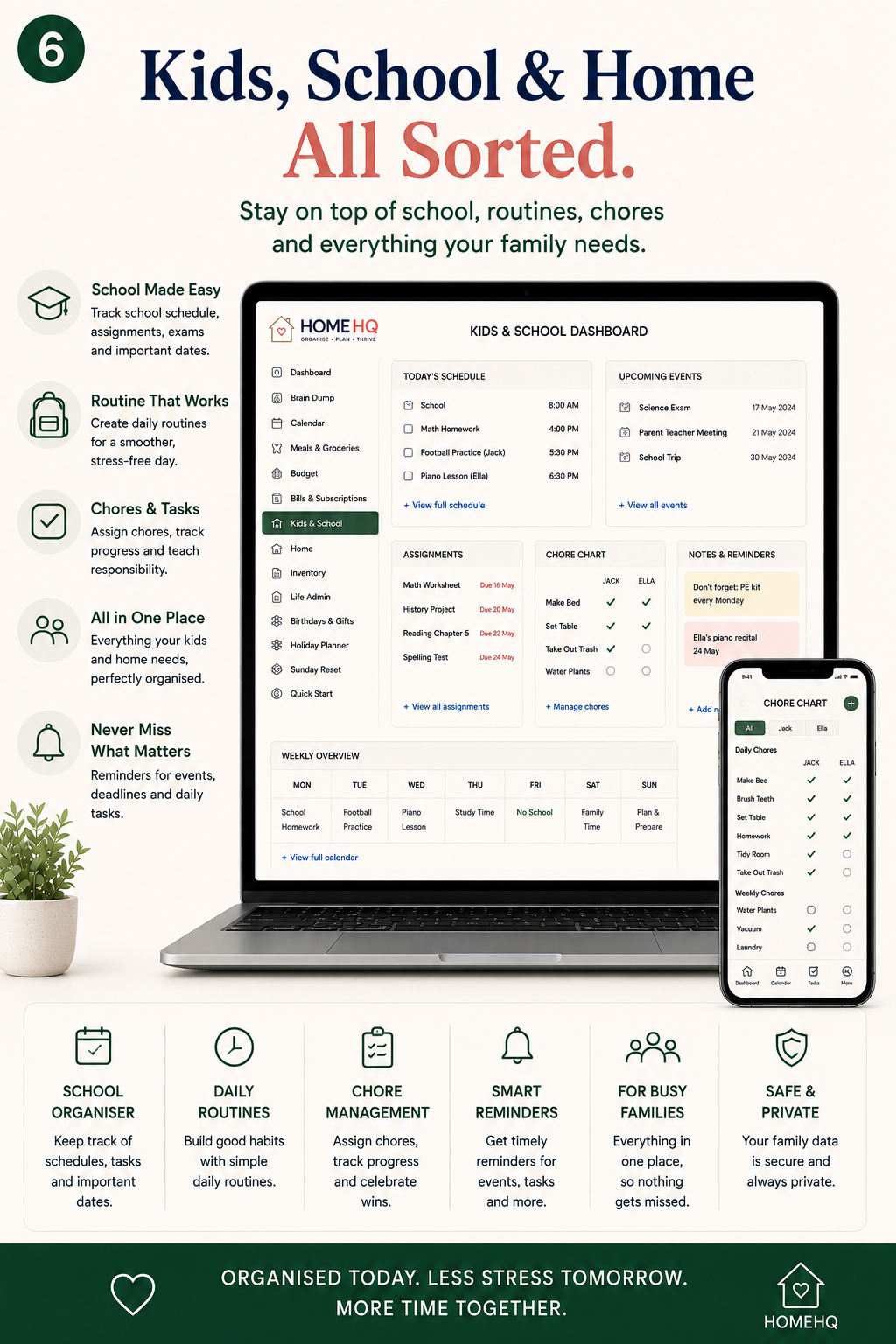 HOMEHQ Family Command Centre kids and school dashboard with chore chart and routines