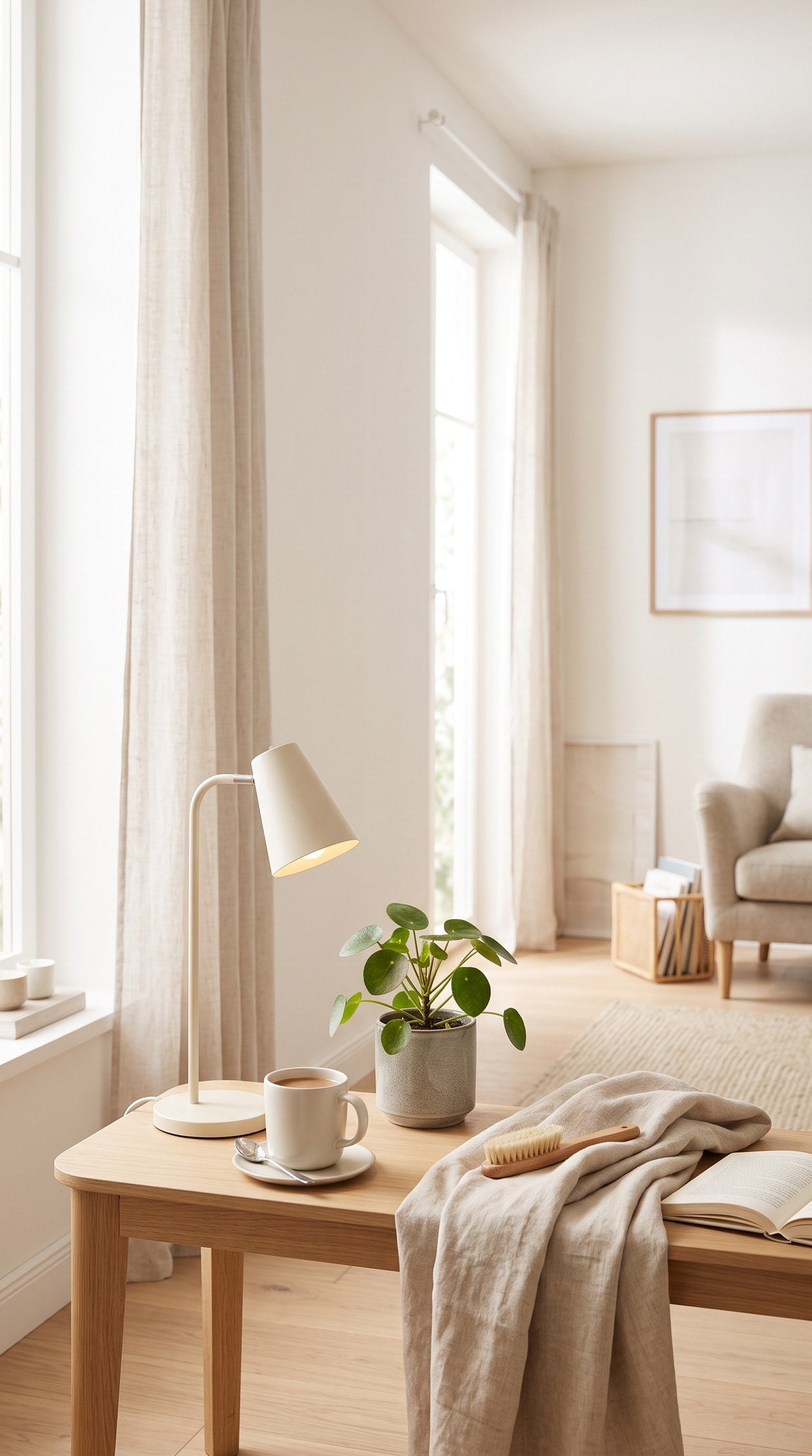 Bright minimal living room with lifestyle products, mobile