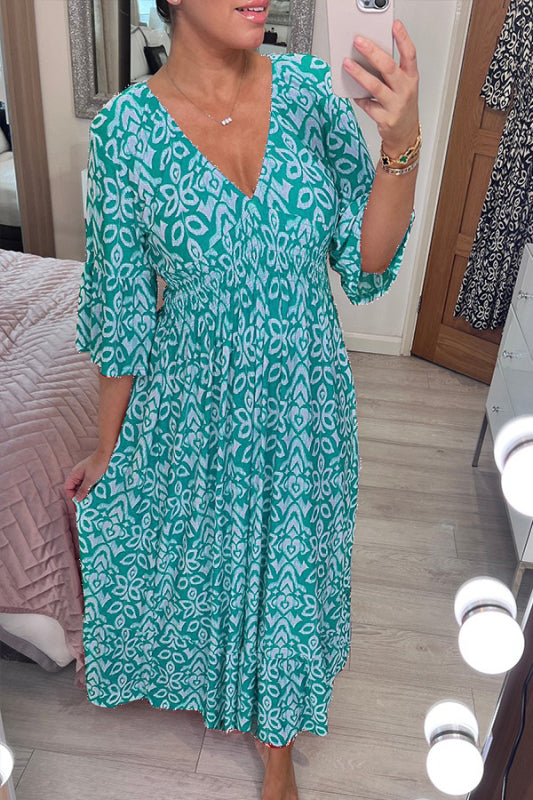 🔥Heißer Verkauf – 50% RABATT ✨ Langes Freizeitkleid mit V-Ausschnitt und Print – Mühelose Eleganz für sonnige Tage & besondere Momente 🌸