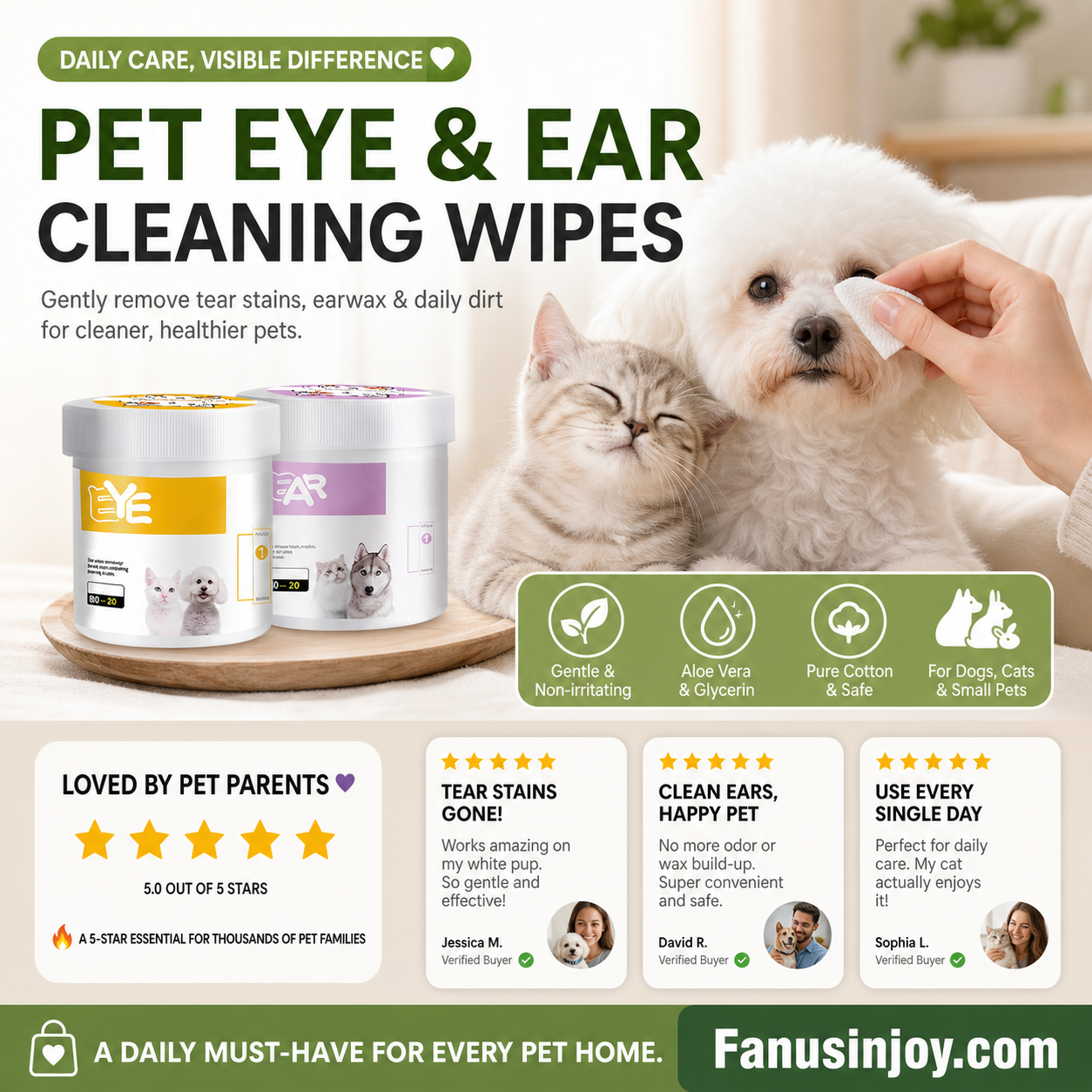🥳2026 TOP-ANGEBOT🥳💞ÜBER 50.000 MAL VERKAUFT!🐾🌿 50% RABATT! Natürliche pflanzliche Feuchttücher für Haustiere – Aloe Vera & Glycerin, pH-neutral. Entfernt sanft Tränenflecken & Ohrenschmalz. Sicher für den täglichen Gebrauch! 🧻✨