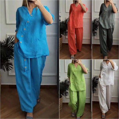 ☀️Women's Casual Loose 2-Piece Set with Chic Button Embellishment – Effortless Style & Comfort
