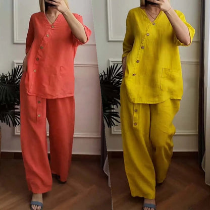 ☀️Women's Casual Loose 2-Piece Set with Chic Button Embellishment – Effortless Style & Comfort