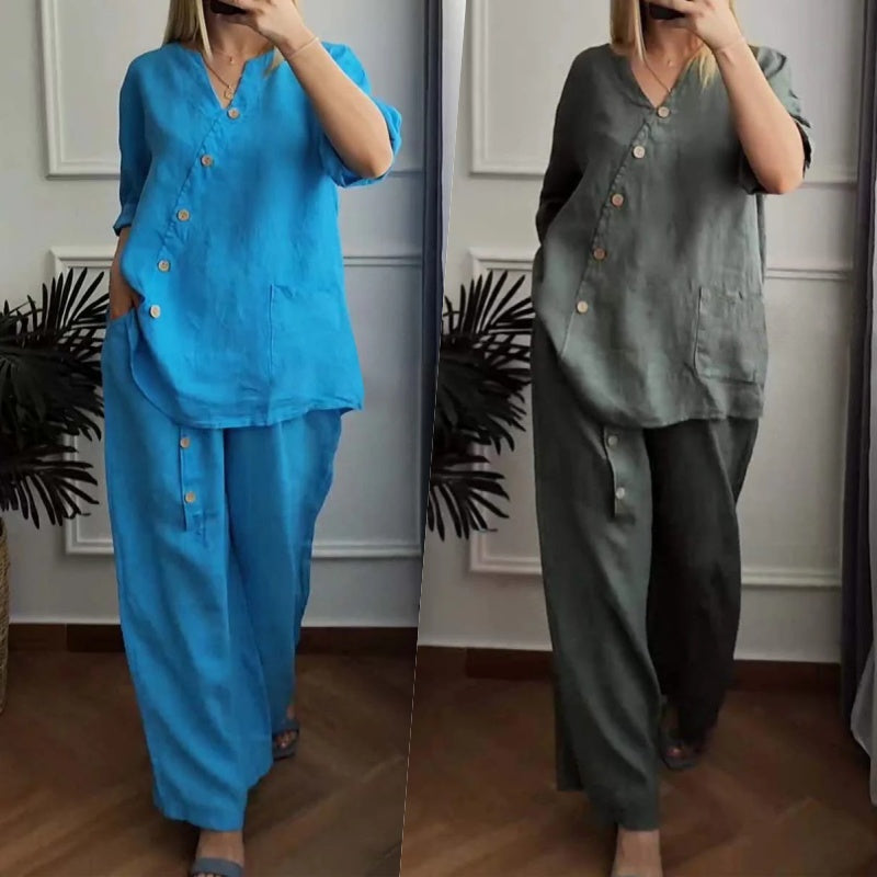 ☀️Women's Casual Loose 2-Piece Set with Chic Button Embellishment – Effortless Style & Comfort