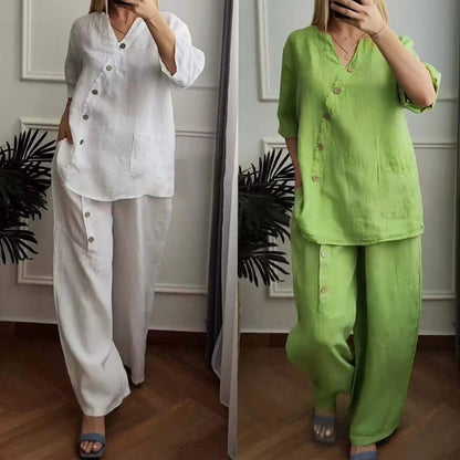 ☀️Women's Casual Loose 2-Piece Set with Chic Button Embellishment – Effortless Style & Comfort