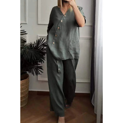 ☀️Women's Casual Loose 2-Piece Set with Chic Button Embellishment – Effortless Style & Comfort