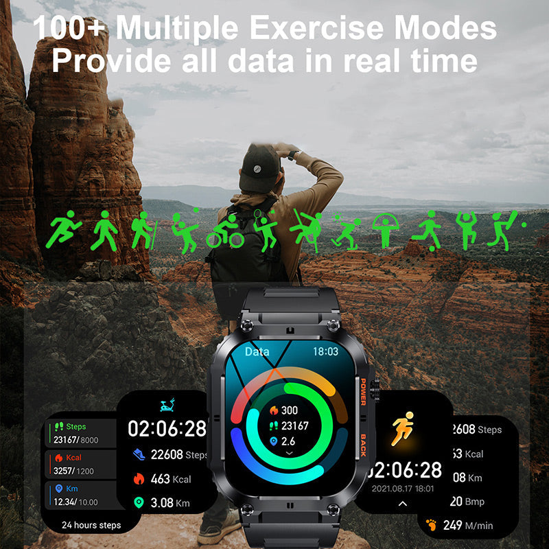 ⌚Waterproof Tactical Fitness Bluetooth Smartwatch – Fitness Tracker with Calls, Sports Modes & Long Battery Life ✨