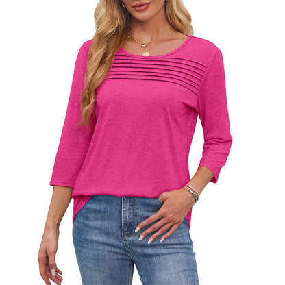 💕Last Day 50% OFF👚Women’s Pleated Detail 3/4 Sleeve Casual T-Shirt