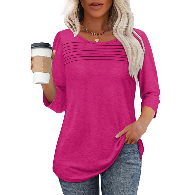 💕Last Day 50% OFF👚Women’s Pleated Detail 3/4 Sleeve Casual T-Shirt