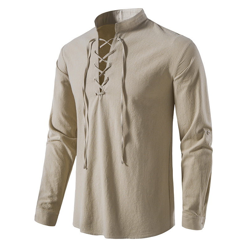 🌞 Bleiben Sie cool und stilvoll mit dem Herren-Henley-Shirt aus Baumwoll-Leinen mit Stehkragen und langen Ärmeln🌿
