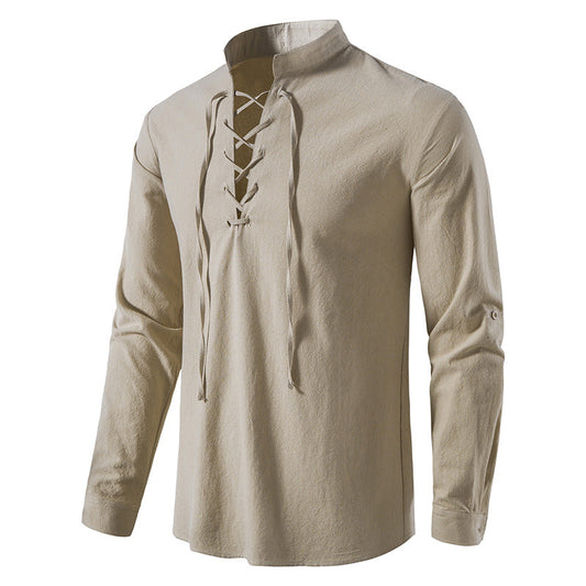 🌞 Stay Cool & Stylish With Men's Cotton-Linen Henley Shirt With High Collar And Long Sleeves🌿
