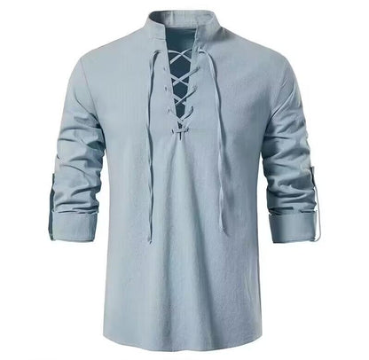 🌞 Bleiben Sie cool und stilvoll mit dem Herren-Henley-Shirt aus Baumwoll-Leinen mit Stehkragen und langen Ärmeln🌿