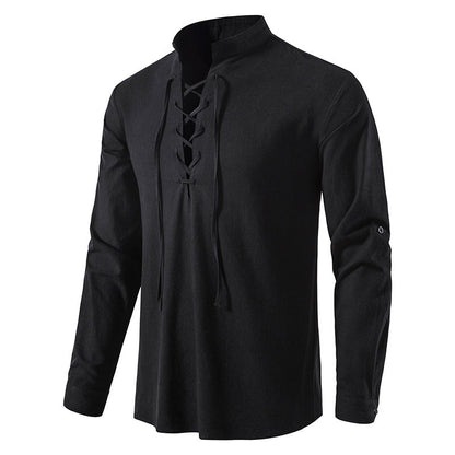 🌞 Bleiben Sie cool und stilvoll mit dem Herren-Henley-Shirt aus Baumwoll-Leinen mit Stehkragen und langen Ärmeln🌿