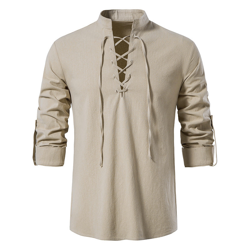 🌞 Bleiben Sie cool und stilvoll mit dem Herren-Henley-Shirt aus Baumwoll-Leinen mit Stehkragen und langen Ärmeln🌿