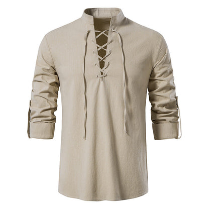 🌞 Bleiben Sie cool und stilvoll mit dem Herren-Henley-Shirt aus Baumwoll-Leinen mit Stehkragen und langen Ärmeln🌿