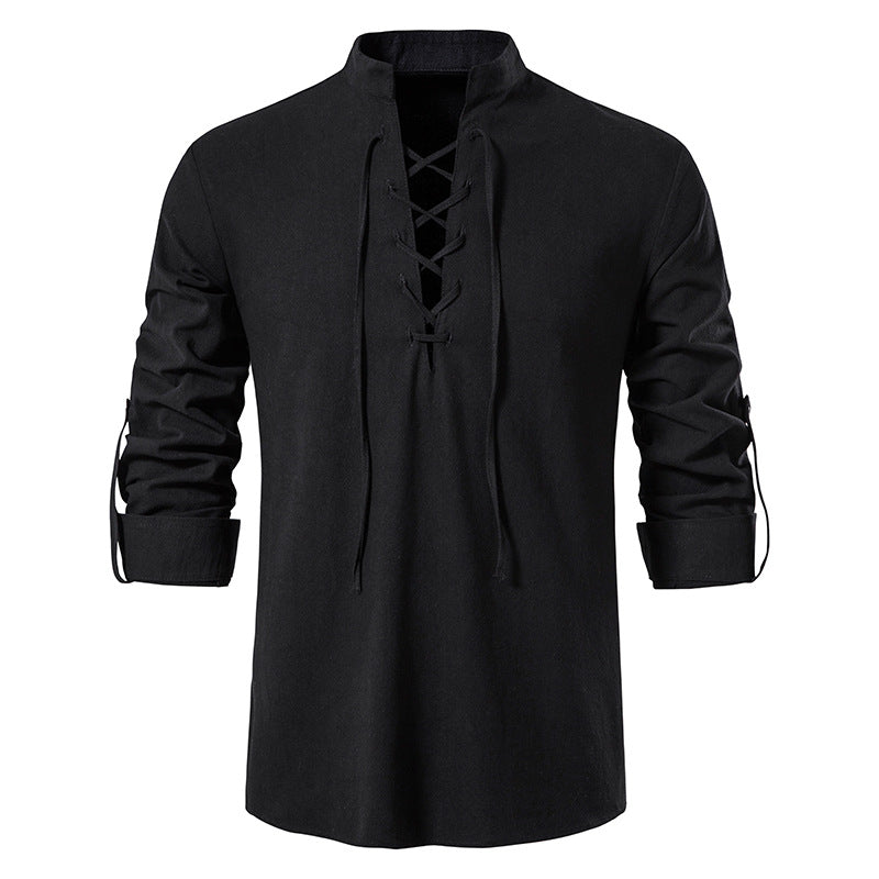 🌞 Bleiben Sie cool und stilvoll mit dem Herren-Henley-Shirt aus Baumwoll-Leinen mit Stehkragen und langen Ärmeln🌿