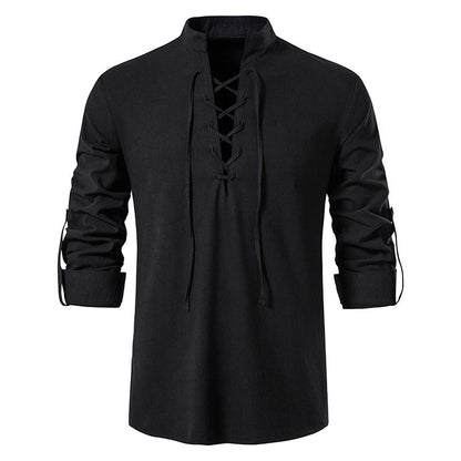 🌞 Bleiben Sie cool und stilvoll mit dem Herren-Henley-Shirt aus Baumwoll-Leinen mit Stehkragen und langen Ärmeln🌿