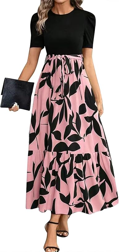 🔥Damen Sommerkleid Hohe Taille Kurzarm Rundhals Blumenmuster💗✨Umarme die Eleganz