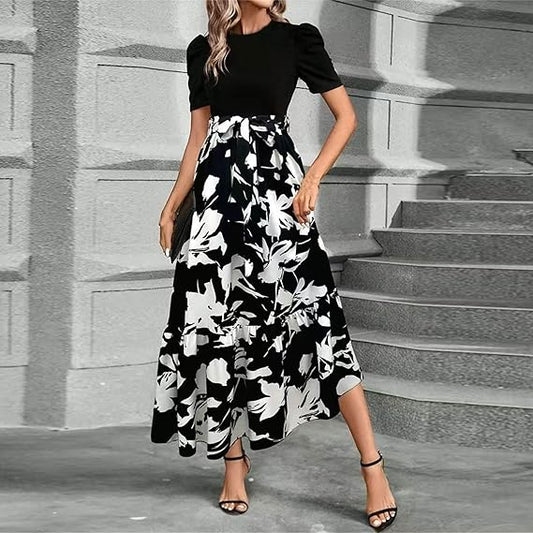 🔥Women's Summer Dress High Waist Short Sleeve Round Neck Floral💗✨Embrace The Elegance