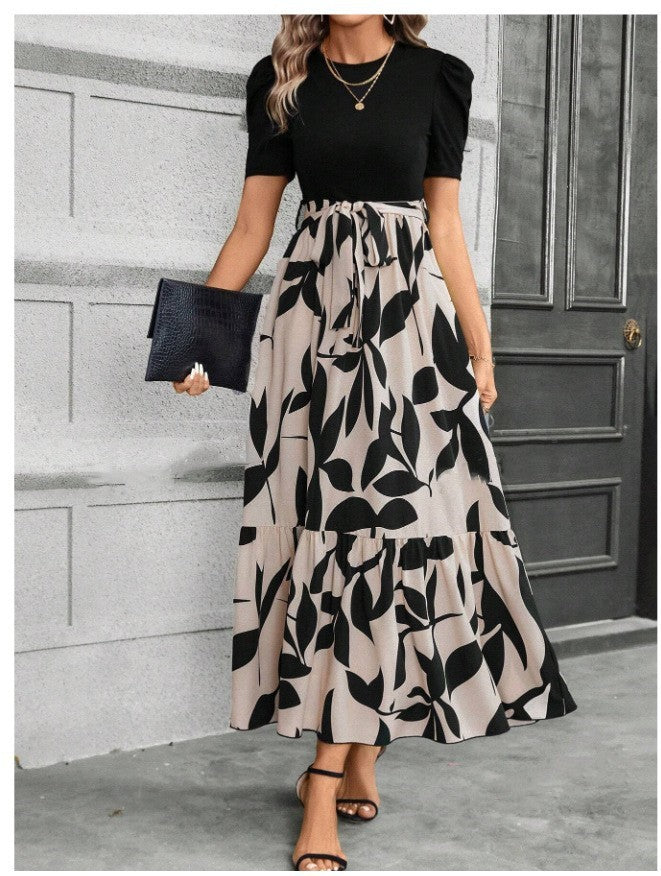 🔥Damen Sommerkleid Hohe Taille Kurzarm Rundhals Blumenmuster💗✨Umarme die Eleganz