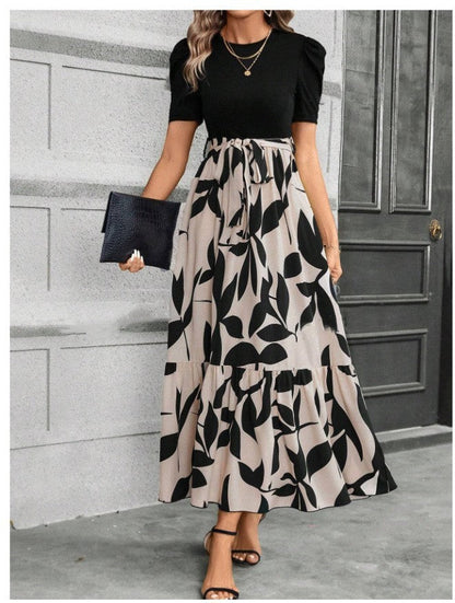 🔥Damen Sommerkleid Hohe Taille Kurzarm Rundhals Blumenmuster💗✨Umarme die Eleganz