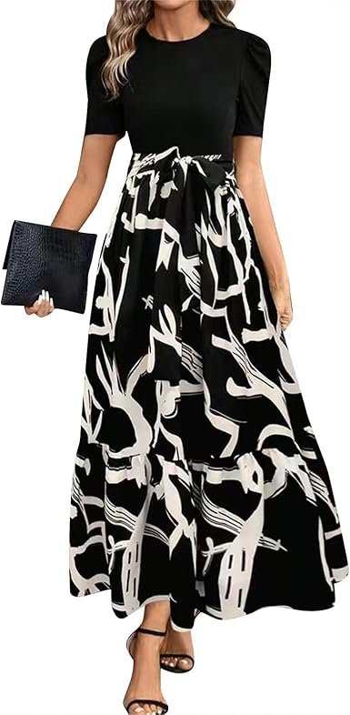 🔥Damen Sommerkleid Hohe Taille Kurzarm Rundhals Blumenmuster💗✨Umarme die Eleganz