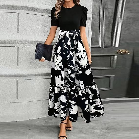 🔥Damen Sommerkleid Hohe Taille Kurzarm Rundhals Blumenmuster💗✨Umarme die Eleganz