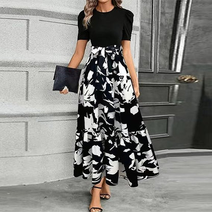 🔥Damen Sommerkleid Hohe Taille Kurzarm Rundhals Blumenmuster💗✨Umarme die Eleganz