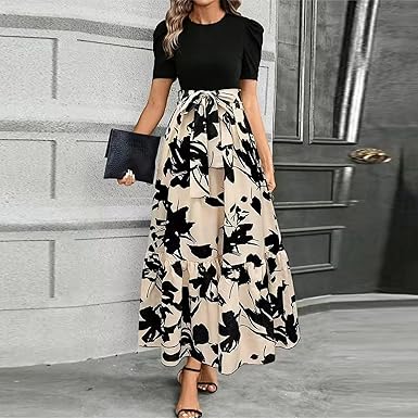 🔥Damen Sommerkleid Hohe Taille Kurzarm Rundhals Blumenmuster💗✨Umarme die Eleganz